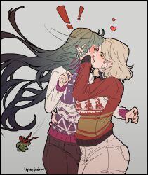 Rule 34 | !, 2girls, assertive female, blonde hair, blush, c.c. (tipsytrains), christmas, christmas sweater, commentary, english commentary, fingernails, french kiss, green eyes, green hair, hand on another&#039;s cheek, hand on another&#039;s face, height difference, highres, kiss, lips, long hair, mistletoe, mole, mole under eye, multiple girls, nail polish, original, pants, seiha (tipsytrains), short hair, standing, surprise kiss, surprised, sweater, tipsytrains, torso grab, very long hair, yuri