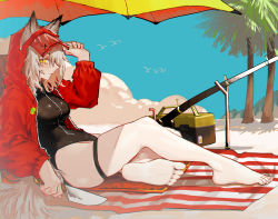 Rule 34 | 1girl, absurdres, animal ears, arknights, beach, beach towel, beach umbrella, bird, black one-piece swimsuit, commentary, ears through headwear, fishing rod, grey hair, groin, hand on headwear, highres, holding, holding knife, hood, hood up, hooded jacket, jacket, knife, long hair, official alternate costume, one-piece swimsuit, open clothes, open jacket, outdoors, palm tree, projekt red (arknights), projekt red (light breeze) (arknights), red jacket, renxzd, sand, sideways glance, sitting, sky, solo, swimsuit, tackle box, tail, thigh strap, thighs, towel, tree, umbrella, wolf ears, wolf girl, wolf tail, yellow eyes