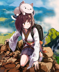 Rule 34 | 1girl, 2channel, :o, backpack, bag, black footwear, blush, brown eyes, brown hair, climbing, commentary request, commission, day, headgear, highres, japanese clothes, kimono, lamb (hitsujiniku), long sleeves, looking away, looking to the side, obi, on head, outdoors, parted lips, pixiv commission, pleated skirt, purple skirt, sandals, sash, skirt, sleeves past wrists, socks, solo, tabi, touhoku kiritan, voiceroid, white kimono, white socks, wide sleeves, zouri