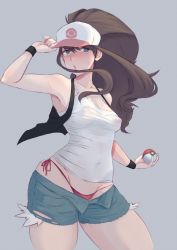 Rule 34 | 1girl, arm up, armpits, bare arms, bare shoulders, baseball cap, black vest, blue eyes, blush, breasts, brown hair, camisole, collarbone, covered erect nipples, creatures (company), cutoffs, denim, denim shorts, exposed pocket, floating hair, game freak, grey background, halterneck, hand on headwear, hat, high ponytail, hilda (pokemon), holding, holding poke ball, long hair, looking at viewer, nintendo, nose blush, open clothes, open fly, open shorts, open vest, parted lips, poke ball, poke ball (basic), pokemon, pokemon bw, ryumi-gin, short shorts, shorts, side-tie bottom, sidelocks, simple background, skindentation, small breasts, solo, torn clothes, unbuttoned, vest, wind, wristband