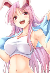 Rule 34 | 1girl, :d, alternate costume, animal ears, bare shoulders, blush, breasts, collarbone, commentary request, crop top, hisae (hisae collect), large breasts, long hair, looking at viewer, midriff, navel, open mouth, purple hair, rabbit ears, red eyes, reisen udongein inaba, simple background, smile, solo, sports bra, stomach, sweat, touhou, upper body, very long hair, white background