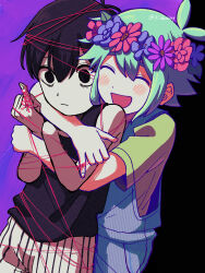 2boys absurdres basil_(headspace)_(omori) basil_(omori) black_eyes black_hair black_tank_top blue_overalls blush closed_eyes closed_mouth colored_skin flower green_hair green_shirt head_wreath highres hug hug_from_behind k_toast male_focus multiple_boys omori omori_(omori) overalls shirt short_hair short_sleeves shorts smile striped_clothes striped_shorts t-shirt tank_top twitter_username vertical-striped_clothes vertical-striped_shorts white_shorts white_skin