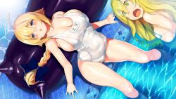Rule 34 | 2girls, absurdres, ahoge, blazblue, blonde hair, blue bow, blue eyes, blush, bow, braid, breast awe, breast envy, breasts, cleavage, es (xblaze), gluteal fold, green eyes, hair bow, highres, huge breasts, inflatable raft, long hair, lying, multiple girls, name tag, nekoshoko, noel vermillion, old school swimsuit, on back, one-piece swimsuit, open mouth, poolside, revision, school swimsuit, single braid, small breasts, soaking feet, standing, surprised, swimsuit, water, white school swimsuit, white one-piece swimsuit
