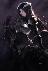 Rule 34 | 1girl, albedo (overlord), armor, bad id, bad pixiv id, black gloves, black hair, breastplate, covered navel, demon girl, demon horns, female knight, gloves, helmet, horns, knight, long hair, looking at viewer, metal gloves, overlord (maruyama), solo, swd3e2, yellow eyes