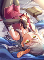 Rule 34 | 1girl, bag, bare shoulders, bed sheet, bird, black legwear, blue scarf, blush, bra, breasts, clear glass (mildmild1311), cleavage, collarbone, covered navel, dress, elbow gloves, finger to mouth, fingerless gloves, fire emblem, fire emblem: radiant dawn, gloves, grabbing, grabbing another&#039;s breast, grabbing own breast, hair ribbon, highres, index finger raised, lens flare, light rays, long hair, lying, medium breasts, micaiah (fire emblem), nintendo, open clothes, ribbon, ringed eyes, scarf, sleeveless, sleeveless dress, smile, solo, sunlight, underwear, unworn bag, yellow eyes, yune (fire emblem)
