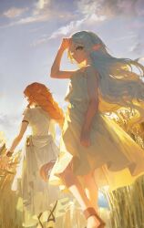 Rule 34 | 2girls, cloud, cloudy sky, dress, elf, flamme (sousou no frieren), frieren, from behind, highres, long hair, looking at viewer, looking back, multiple girls, orange hair, pointy ears, quasarcake, sandals, sky, sousou no frieren, very long hair, wheat, white dress, white hair