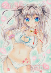 Rule 34 | 1girl, animal ears, bell, black ribbon, blue eyes, blush, bra, breasts, cat ear panties, cat ears, cat lingerie, cinderella bust, cleavage, cleavage cutout, closed mouth, clothing cutout, collar, collarbone, cowboy shot, finger ribbon, floating hair, frilled bra, frills, gluteal fold, hair between eyes, hair ribbon, kantai collection, kashima (kancolle), lingerie, long hair, looking at viewer, meme attire, navel, neck bell, panties, red ribbon, ribbon, sample watermark, side-tie panties, silver hair, smile, solo, standing, thigh gap, traditional media, twintails, underwear, underwear only, very long hair, wakaba0801, watermark, white bra, white panties, wrist cuffs