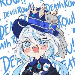Rule 34 | 1girl, absurdres, ahoge, ascot, asymmetrical gloves, black ascot, black gloves, blue gemstone, blue hair, blue hat, blue jacket, blush stickers, brooch, chibi, commentary, english text, furina (genshin impact), gem, genshin impact, gloves, hair between eyes, hat, heterochromia, highres, jacket, jewelry, light blue hair, melonbread, mismatched gloves, mismatched pupils, multicolored hair, open mouth, ponytail, sharp teeth, solo, teeth, text background, top hat, two-tone hair, upper body, wall of text, white gloves