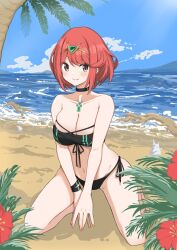 Rule 34 | 1girl, alternate costume, aotsuba, beach, bikini, breasts, highres, large breasts, pyra (xenoblade), red eyes, red hair, solo, swimsuit, xenoblade chronicles (series), xenoblade chronicles 2