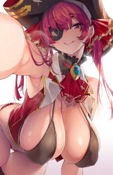 Rule 34 | 1girl, ascot, bicorne, bikini, black bikini, blush, breasts, brooch, covered erect nipples, eyepatch, fang, hair ribbon, hanging breasts, hat, highres, hololive, houshou marine, huge breasts, jewelry, leaning forward, long hair, looking at viewer, mismatched bikini, open clothes, outstretched arm, pirate hat, reaching, reaching towards viewer, red bikini, red hair, ribbon, simple background, sleeveless, smile, solo, swimsuit, thomasz, twintails, virtual youtuber, yellow eyes