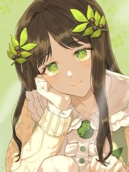 Rule 34 | 1girl, black survival, brown hair, clover (flower), collarbone, dress, eternal return: black survival, flower, green background, green eyes, gweon sua, hair ornament, hand on own face, highres, leaf hair ornament, long hair, looking at viewer, solo, sukyan, symbol-shaped pupils, upper body, yellow dress