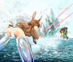 Rule 34 | 1girl, amon (mulciber), animal ears, ass, bad id, bad pixiv id, battle, battleship, blue eyes, charlotte e. yeager, explosion, flying, from behind, frown, gun, long hair, military, military vehicle, ocean, orange hair, panties, rabbit ears, rabbit girl, rabbit tail, rifle, ship, solo, strike witches, striker unit, tail, underwear, warship, watercraft, weapon, world witches series