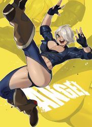 Rule 34 | 1girl, angel (kof), backless pants, black gloves, blue eyes, boots, breasts, chaps, cowboy boots, fingerless gloves, gloves, high kick, highres, jacket, kicking, large breasts, leather, leather jacket, lips, name tag, open mouth, pants, romaji commentary, short hair, silver hair, sleeves rolled up, snowcie, teeth, the king of fighters, the king of fighters xv, toned, yellow background, zoom layer
