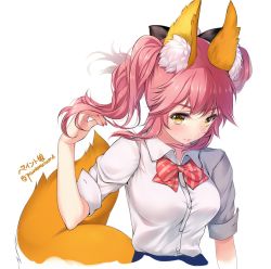 Rule 34 | 10s, 1girl, animal ear fluff, animal ears, black ribbon, breasts, fate/extella, fate/extra, fate (series), fox ears, fox tail, long hair, looking at viewer, looking up, medium breasts, nail polish, official alternate costume, paint musume, pink hair, ribbon, school uniform, shirt, simple background, smile, solo, tail, tamamo (fate), tamamo no mae (jk) (fate), twintails, twitter username, upper body, white background, yellow eyes