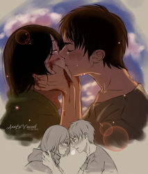 Rule 34 | 1boy, 1girl, absurdres, alternate universe, annlu vazzel, artist name, blood, blood on face, blood on hands, cloud, commentary, crying, dated, english commentary, eren yeager, closed eyes, heads together, hetero, highres, injury, kiss, lens flare, medium hair, mikasa ackerman, missing finger, neckerchief, paradis military uniform, shingeki no kyojin, sky, streaming tears, tears