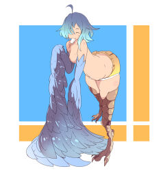 Rule 34 | absurdres, ahoge, ass, bird legs, blue background, blue feathers, blue hair, blue shirt, breasts, brown shorts, claws, closed eyes, eating, feathered wings, feathers, food, food in mouth, harpy, highres, hinekure-boy, monster girl, monster musume no iru nichijou, mouth hold, papi (monster musume), popsicle, shirt, short shorts, shorts, simple background, small breasts, smile, talons, thick thighs, thighs, wide hips, wings