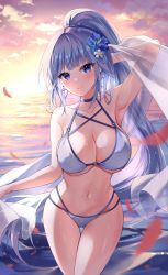 Rule 34 | 1girl, bare arms, bare shoulders, bikini, blue eyes, blue flower, blue hair, blunt bangs, blush, breasts, cleavage, closed mouth, cloud, commentary, cowboy shot, flower, gluteal fold, hair flower, hair ornament, halterneck, hibiscus, high ponytail, highleg, highleg bikini, highres, large breasts, long hair, looking at viewer, mayo (miyusa), multi-strapped bikini, navel, o-ring, o-ring bikini, ocean, original, outdoors, petals, petticoat, ponytail, see-through, skindentation, smile, solo, stomach, sunset, swimsuit, symbol-only commentary, thigh gap, thighs, very long hair, water, white bikini, white flower