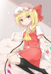 Rule 34 | 1girl, :o, arm support, ascot, black socks, blonde hair, blush, commentary request, feet out of frame, flandre scarlet, grey background, hair between eyes, hat, hat ribbon, head tilt, highres, iyo (ya na kanji), kneehighs, leaning to the side, light particles, looking at viewer, mob cap, no shoes, on bed, one side up, parted lips, petticoat, pillow, puffy short sleeves, puffy sleeves, red eyes, red skirt, red vest, ribbon, shadow, shirt, short hair, short sleeves, sitting, skirt, skirt set, socks, solo, touhou, vest, white hat, white shirt, wings, wrist cuffs, yellow ascot, yokozuwari