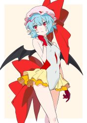 Rule 34 | 1girl, alternate costume, bare arms, bare shoulders, bat wings, blue hair, breasts, closed mouth, covered navel, feet out of frame, frills, futoumeido, gloves, hat, hat ribbon, highres, looking to the side, mob cap, pink background, pointy ears, red eyes, red gloves, red ribbon, remilia scarlet, ribbon, short hair, simple background, small breasts, solo, standing, touhou, wavy mouth, wings