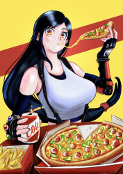 Rule 34 | 1girl, absurdres, black gloves, blush, bossketeo, can, cheese, cheese trail, eating, elbow gloves, final fantasy, final fantasy vii, final fantasy vii remake, fingerless gloves, food, gloves, highres, holding, holding food, holding pizza, italian senate porn livestream (meme), long hair, looking at viewer, low-tied long hair, pepperoni, pizza, pizza box, pizza slice, red eyes, solo, suspenders, tank top, tifa lockhart, white tank top