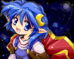Rule 34 | 1girl, :d, :p, ahoge, bad id, bad pixiv id, blue background, blue hair, cape, crescent, crescent hair ornament, hair ornament, hairpin, happy, lowres, moon, oekaki, open mouth, pointy ears, rena lanford, short hair, smile, solo, space, star ocean, star ocean the second story, tongue, tongue out, zipang (zip@ng works)