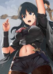 Rule 34 | 1girl, absurdres, arm up, armor, belt, black armor, black belt, black cape, black shirt, black shorts, blouse, blue eyes, blue hair, breasts, brown pantyhose, byleth (female) (fire emblem), byleth (fire emblem), cape, cleavage cutout, clothing cutout, commentary request, cowboy shot, crop top, dagger, fire emblem, fire emblem: three houses, from below, hair between eyes, hands up, highres, holding, holding sword, holding weapon, knife, lace, lace-trimmed legwear, lace trim, large breasts, long hair, looking at viewer, motion blur, navel, navel cutout, nintendo, open mouth, pantyhose, pantyhose under shorts, partial commentary, patterned clothing, sail (sail-away), shirt, short shorts, shorts, sidelocks, solo, standing, sword, sword of the creator, teeth, upper teeth only, vambraces, weapon