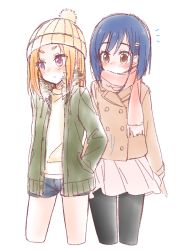Rule 34 | 2girls, beanie, black legwear, blonde hair, blue hair, blush, brown eyes, casual, covered mouth, cropped legs, flip flappers, fur-trimmed jacket, fur trim, hair ornament, hairclip, hand in pocket, hat, jacket, kokomine cocona, long sleeves, looking at another, multiple girls, open clothes, open jacket, pantyhose, purple eyes, scarf, short hair, short shorts, shorts, simple background, skirt, sou (mgn), tomboy, white background, winter clothes, yayaka, yuri