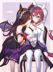 Rule 34 | 2girls, absurdres, ahoge, animal ears, biting, black gloves, blue eyes, blue flower, blue rose, blush, breasts, brown hair, cleavage, commentary request, flower, frilled hairband, frills, gloves, hair between eyes, hair over one eye, hairband, halloween, highres, hood, hooded jacket, horse ears, horse girl, horse tail, jacket, long hair, long sleeves, looking at another, medium breasts, mihono bourbon (ghosty and the magic of halloween) (umamusume), mihono bourbon (umamusume), multiple girls, pantyhose, pizza (pizzania company), purple eyes, rice shower (make up vampire!) (umamusume), rice shower (umamusume), rose, short sleeves, sitting, standing, tail, umamusume, white jacket, white legwear
