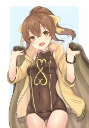 Rule 34 | 1girl, bow, breasts, brown eyes, brown hair, covered navel, delthea (fire emblem), fire emblem, fire emblem echoes: shadows of valentia, hair bow, long hair, nintendo, one-piece swimsuit, open clothes, open mouth, ponytail, shimizu akina, simple background, small breasts, solo, swimsuit, thighhighs