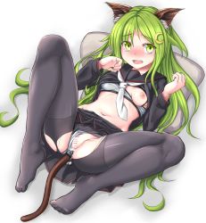 Rule 34 | 1girl, anal, anal object insertion, anal tail, animal ears, bar censor, black pantyhose, black serafuku, black shirt, black skirt, breasts, butt plug, cat ears, cat tail, censored, clothing aside, commission, crescent, crescent hair ornament, fake animal ears, fake tail, green eyes, green hair, hair ornament, highres, kantai collection, knck, long hair, lying, miniskirt, nagatsuki (kancolle), navel, neckerchief, nipples, object insertion, on back, one breast out, panties, panties aside, pantyhose, pleated skirt, pussy, school uniform, serafuku, sex toy, shirt, short sleeves, skeb commission, skirt, small breasts, solo, tail, torn clothes, torn pantyhose, underwear, very long hair, white neckerchief
