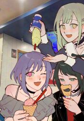 3girls :3 bang_dream! bang_dream!_it&#039;s_mygo!!!!! black_choker black_hair black_jacket blue_dress blue_eyes choker commentary dress food frilled_choker frilled_shirt frills green_hair grey_shirt hair_ornament hairclip hashtag-only_commentary highres holding holding_food holding_ice_cream holding_ice_cream_cone ice_cream ice_cream_cone jacket jewelry long_hair long_sleeves medium_hair multiple_girls necklace off-shoulder_shirt off_shoulder one_eye_closed open_mouth photo_background pink_eyes purple_hair red_shirt shirt short_hair short_sleeves wakaba_mutsumi yahata_umiri yellow_eyes yogurt_pt yuutenji_nyamu