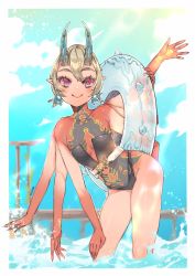 Rule 34 | 1girl, bikini, blue background, border, brown hair, colored sclera, colored skin, contrapposto, extra arms, hair bobbles, hair ornament, highres, holding, holding swim ring, horns, innertube, looking at viewer, multicolored skin, original, pink sclera, pointy ears, red eyes, red skin, short hair, smile, solo, standing, swim ring, swimsuit, white border, yun-yang