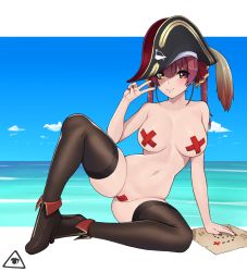 Rule 34 | 1girl, ankle boots, bandaid, bandaids on nipples, beach, bicorne, black footwear, black thighhighs, blue sky, blush, boots, breasts, cameltoe, cleft of venus, cross pasties, day, donburi (donburikazoku), full body, hair between eyes, hair ribbon, hat, heterochromia, high heel boots, high heels, highres, hololive, houshou marine, houshou marine (1st costume), large breasts, lips, looking at viewer, maebari, map, nail polish, navel, no eyepatch, nude, ocean, orange eyes, pasties, pirate hat, purple nails, red hair, red ribbon, ribbon, skindentation, sky, smile, solo, spread legs, tape, tape on nipples, tape on pussy, thighhighs, twintails, v, virtual youtuber, yellow eyes