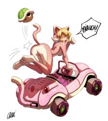 Rule 34 | 1girl, ^ ^, alternate costume, animal costume, animal ears, animal hands, ass, blonde hair, car, cat costume, cat ears, cat peach, cat tail, closed eyes, driving, earrings, full body, gloves, jewelry, mario (series), mario kart, mario kart 8, motor vehicle, nintendo, onofre wayne, paw gloves, princess peach, solo, super mario 3d world, tail, transparent background, turtle shell, vehicle