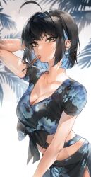 Rule 34 | 1girl, absurdres, ahoge, black hair, black shirt, blue hair, breasts, brown eyes, cleavage, colored inner hair, commentary, earrings, english commentary, floral print, highres, irene (kanniiepan), jewelry, kanniiepan, medium breasts, mole, mole under eye, mouth hold, multicolored hair, original, print shirt, shirt, solo, tied shirt, two-tone hair