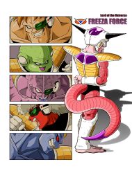 Rule 34 | &gt;:), 6+boys, :d, arm behind back, armor, barefoot, blue skin, brown hair, burter, captain ginyu, clenched hand, collarbone, colored skin, dragon ball, dragonball z, fang, frieza, ginyu force, gloves, green skin, grin, guldo, hand on own chin, highres, horns, jeice, leg armor, male focus, multiple boys, muscular, no pupils, open mouth, pink skin, purple skin, recoome, red eyes, red skin, scouter, shinomiya akino, smile, tail, teeth, v-shaped eyebrows, veins, white hair