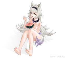 Rule 34 | 1girl, absurdres, animal ears, black hairband, chain, collar, convenient censoring, dated, eating, fang, food, fruit, grey eyes, grey hair, hairband, heterochromia, highres, holding, holding food, holding spoon, long hair, no.21: feral scent (punishing: gray raven), no.21 (punishing: gray raven), nude, punishing: gray raven, purple eyes, sidelocks, signature, skin fang, solo, spiked collar, spikes, spoon, tail, taotao bujue, very long hair, watermelon, wolf ears, wolf tail