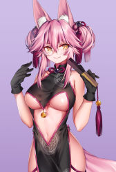 Rule 34 | 1girl, animal ear fluff, animal ears, bare shoulders, black gloves, breasts, center opening, china dress, chinese clothes, choker, dress, earrings, fate/grand order, fate (series), folded fan, folding fan, fox ears, fox tail, full body, glasses, gloves, gradient background, hair between eyes, hand fan, high heels, highres, jewelry, koyanskaya (chinese lostbelt outfit) (fate), koyanskaya (fate), large breasts, light smile, long hair, looking at viewer, navel, obiwan, pelvic curtain, pink hair, purple background, ribbon choker, shiny skin, side slit, sidelocks, simple background, smile, solo, tail, tamamo (fate), underboob, very long hair, yellow eyes