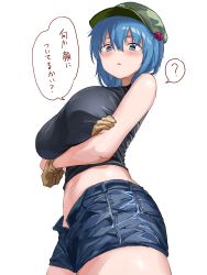 Rule 34 | 1girl, ?, alternate costume, bare arms, blue eyes, blue hair, blue shorts, breast hold, breasts, brown gloves, cowboy shot, gloves, green hat, hair bobbles, hair ornament, hat, highres, kawashiro nitori, large breasts, looking at viewer, megame (okbnkn), midriff, navel, open fly, short hair, short shorts, shorts, simple background, sleeveless, solo, spoken question mark, touhou, translation request, white background