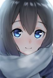 Rule 34 | 1girl, backlighting, black jacket, blue eyes, blurry, blurry foreground, blush, brown hair, closed mouth, commentary request, depth of field, grey scarf, hair between eyes, highres, jacket, long hair, original, scarf, simple background, smile, solo, suzunari shizuku, upper body, white background, yuki arare