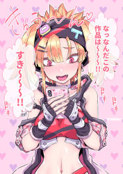 Rule 34 | 1girl, blonde hair, cellphone, clip, collar, crop top, earrings, fangs, fingerless gloves, gloves, hair ornament, hairband, hairclip, highres, jewelry, looking at phone, midriff, original, phone, red eyes, skull, tatsubon, translation request, twintails