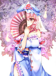 Rule 34 | 1girl, adapted costume, arm garter, arm under breasts, bare shoulders, blue dress, blue hat, blush, bow, breasts, cleavage, commentary request, covered eyes, cowboy shot, dress, floral print, flower, flower necklace, folding fan, frills, hand fan, hat, holding, holding fan, jewelry, large breasts, long hair, long sleeves, looking at viewer, mob cap, nagare, necklace, off-shoulder dress, off shoulder, one eye covered, petals, pink eyes, pink flower, pink hair, red bow, ribbon-trimmed dress, ribbon trim, saigyouji yuyuko, side slit, simple background, solo, standing, touhou, triangular headpiece, veil, white background, wide sleeves