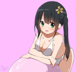 Rule 34 | 1girl, artist name, ball, bare shoulders, bikini, black hair, blush, boshuu-chan, breasts, cleavage, collarbone, commentary request, dated, exercise ball, green eyes, hair ornament, leaning forward, long hair, looking at viewer, math, open mouth, original, pink background, ragho no erika, side ponytail, signature, smile, solo, swimsuit, very long hair, white bikini