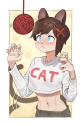 Rule 34 | 1girl, :&lt;, absurdres, animal ear fluff, animal ears, animal nose, blue eyes, border, borrowed character, breasts, brown hair, cat ears, cat tail, claw pose, clothes writing, commentary, crop top, crop top overhang, english commentary, furry, furry female, hair ornament, hairclip, highres, long sleeves, medium breasts, midriff, mimi (akiko oc), navel, original, outside border, paw print, paw print background, shirt, short hair, simple background, solo, tail, tail wagging, tostantan, white shirt, x hair ornament, yarn, yarn ball, yellow background