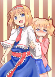Rule 34 | 10s, 2girls, :d, alice cartelet, alice margatroid, behind another, blonde hair, blue dress, blue eyes, blue skirt, blush, capelet, cardigan, crossover, dress, embarrassed, hair ornament, hair stick, hairband, hand on own chin, kin-iro mosaic, lolita hairband, looking at viewer, mikoten35, multiple girls, name connection, necktie, open mouth, red necktie, sash, shadow, short hair, skirt, smile, striped, striped background, touhou, twintails, wavy mouth