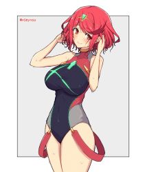 Rule 34 | 1girl, black one-piece swimsuit, breasts, chest jewel, competition swimsuit, covered collarbone, covered navel, gem, headpiece, highres, large breasts, mochimochi (xseynao), one-piece swimsuit, pyra (pro swimmer) (xenoblade), pyra (xenoblade), red eyes, red hair, red one-piece swimsuit, short hair, solo, strapless, strapless one-piece swimsuit, swept bangs, swimsuit, tiara, two-tone swimsuit, xenoblade chronicles (series), xenoblade chronicles 2