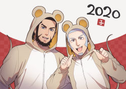 Rule 34 | 2020, 2boys, :d, alternate costume, animal ears, beard, black hair, blue eyes, buzz cut, casual, chinese new year, couple, facial hair, foxvulpine, goatee, golden kamuy, grey hair, kiroranke, long sideburns, male focus, mouse boy, mouse ears, mouse tail, multiple boys, open mouth, pointing, pointing at self, shiraishi yoshitake, short hair, sideburns, smile, tail, upper body, very short hair