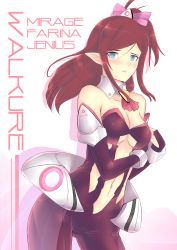 Rule 34 | 1girl, black bodysuit, black sleeves, blue eyes, blush, bodysuit, bow, breasts, bridal gauntlets, brown hair, cat with a brush, character name, cleavage, clothing cutout, contrapposto, cowboy shot, detached sleeves, floating hair, gluteal fold, hair bow, high ponytail, highres, long hair, long sleeves, looking at viewer, macross, macross delta, midriff, mirage farina jenius, navel, parted lips, pink bow, pointy ears, side ponytail, solo, standing, stomach, strapless, underboob cutout, white background