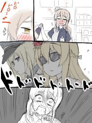 Rule 34 | 10s, 3girls, = =, alternate costume, atsushi (aaa-bbb), bismarck (kancolle), blonde hair, blush, bottle, braid, breasts, collared shirt, comic, commentary request, drunk, employee uniform, closed eyes, flower, french braid, grey hair, hair between eyes, hair ornament, hair ribbon, hairband, hat, holding, holding bottle, kantai collection, lawson, long hair, military, military hat, mini hat, multiple girls, name tag, open mouth, parted lips, peaked cap, pola (kancolle), red flower, red rose, ribbon, rose, round teeth, saliva, shirt, short sleeves, sunglasses, surprised, teeth, uniform, warspite (kancolle)