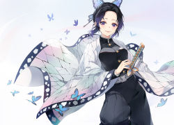 Rule 34 | 1girl, animal, black hair, black jacket, black pants, blue butterfly, breasts, bug, butterfly, butterfly hair ornament, closed mouth, commentary request, emyo, forehead, gradient hair, hair ornament, insect, jacket, katana, kimetsu no yaiba, kochou shinobu, long sleeves, looking at viewer, medium breasts, multicolored hair, open clothes, pants, parted bangs, purple eyes, purple hair, smile, solo, sword, weapon, wide sleeves